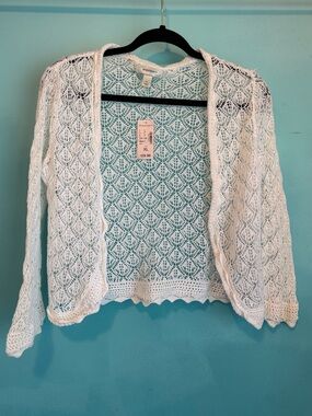 dressbarn White Openwork Crochet Cardigan